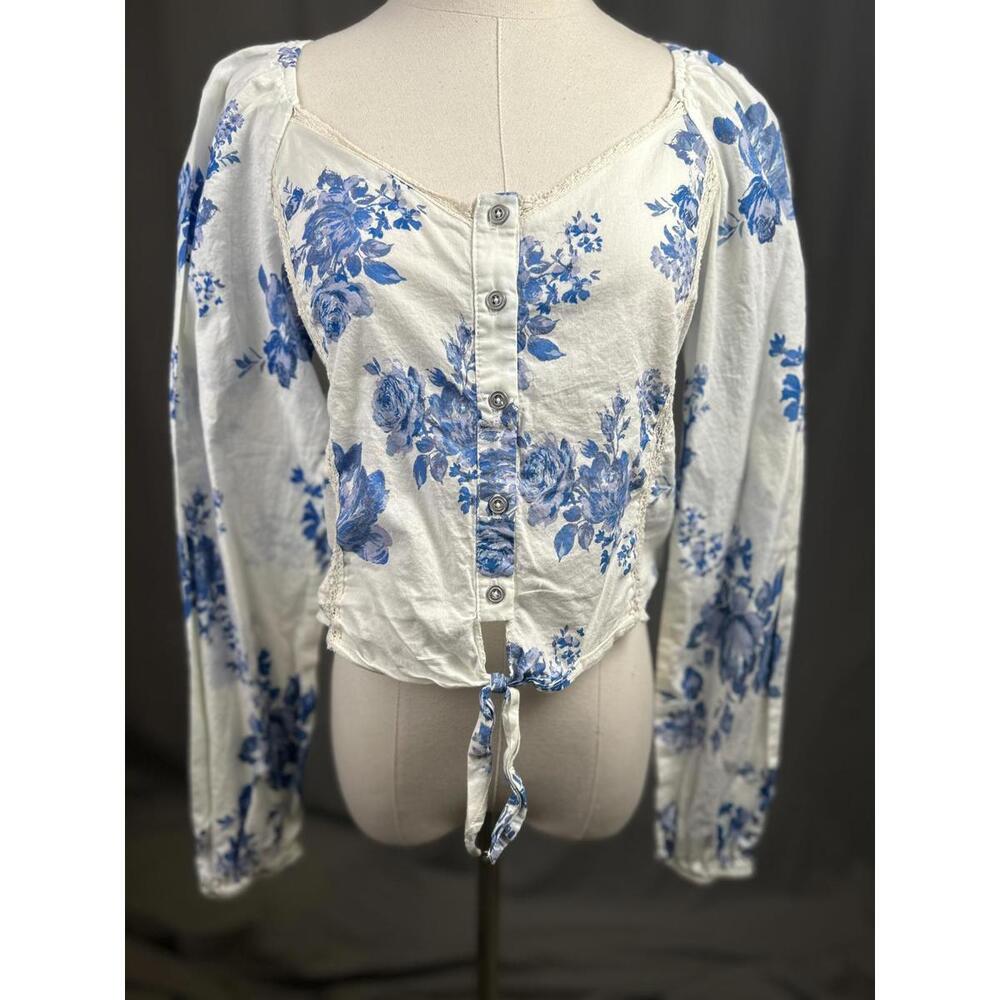 Wild Fable Womens Blue Floral Peasant Cottage Coquette Boho Blouse Size S
